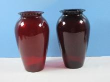 Pair Anchor Hocking Depression Glass Royal Ruby 6" Ruffled Rim Vases