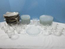 59pcs+/- Forte Crisa Glassware Basketweave Pattern 7 3/4" Salad Plates, Flat Cups, Saucers, &