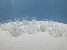 Lot Etched/Cut Crystal 5" Round File Criss-Criss Design Bowl, 6 3/4" Round Stem Frosted Rosebud