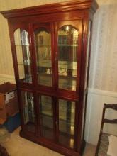 Grandiose Cherry Lighted Curio Cabinet Features Mirror Back, Groove Glass Shelves Adjustable &