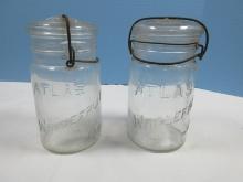 2 Atlas Whole Fruit Mason Canning Clear Glass 7 1/2" Jars Wire Lock and Glass Lids