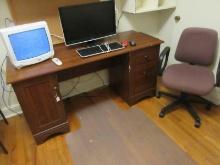 Lot Simulated Walnut Wood Grain Desk, Dell Monitor and Keyboard, Broksonic CCD Portable