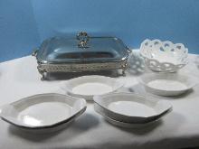 Lot Silverplate Footed Server w/ Glass Casserole and Lid, 7 Pfaltzgraf Au Gratin Dishes,