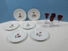 Lot 6 Signature Porcelain 6 3/4" Wine and Cheese Plates and Blown Glass Ruby Bowl Clear