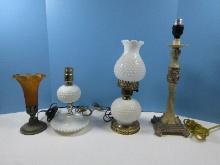 Lot Tiffany Style Amber Glass Lily Shade 8 1/2" Accent Lamp, 2 Milk Glass Boudoir Lamps, &