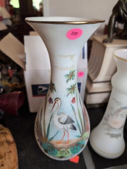 (LR) LOT OF (2) PAINTED GLASS FLOWER VASES. ORIENTAL THEMED. BOTH DEPICTING BIRDS. THEY MEASURE 12"T