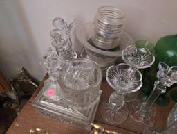 (LR) LOT OF MISC. CLEAR GLASSWARE TO INCLUDE A SQUARE COVERED DISH, (3) PAIRS OF CANDLE HOLDERS,