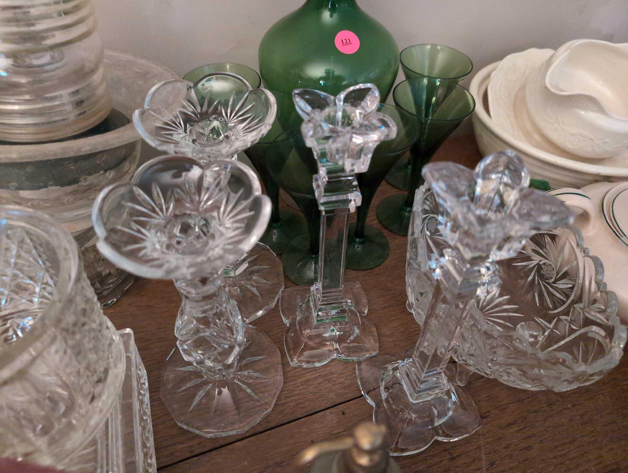 (LR) LOT OF MISC. CLEAR GLASSWARE TO INCLUDE A SQUARE COVERED DISH, (3) PAIRS OF CANDLE HOLDERS,