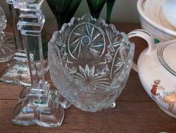 (LR) LOT OF MISC. CLEAR GLASSWARE TO INCLUDE A SQUARE COVERED DISH, (3) PAIRS OF CANDLE HOLDERS,