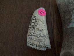 (LR) 2 PC. LOT TO INCLUDE A NOR CARVED SCRIMSHAW DEPICTING A SAILING SHIP, MARKED ON THE BACK "NOR"