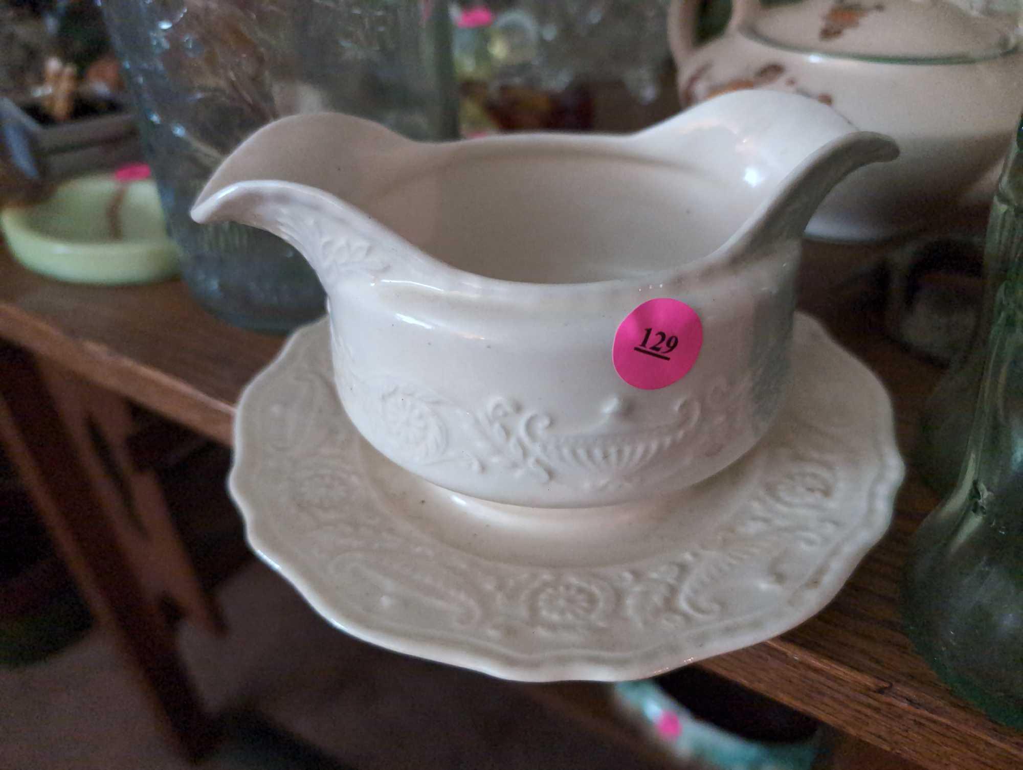 (LR) CHINA LOT TO INCLUDE: ADAM ANTIQUES BY STEUBENVILLE IRONSTONE GRAVY DISH, OVEN SERVE USA