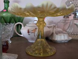 (LR) VINTAGE YELLOW VASELINE GLASS FOOTED CAKE PLATE. 9"T X 6-1/4" DIAMETER.