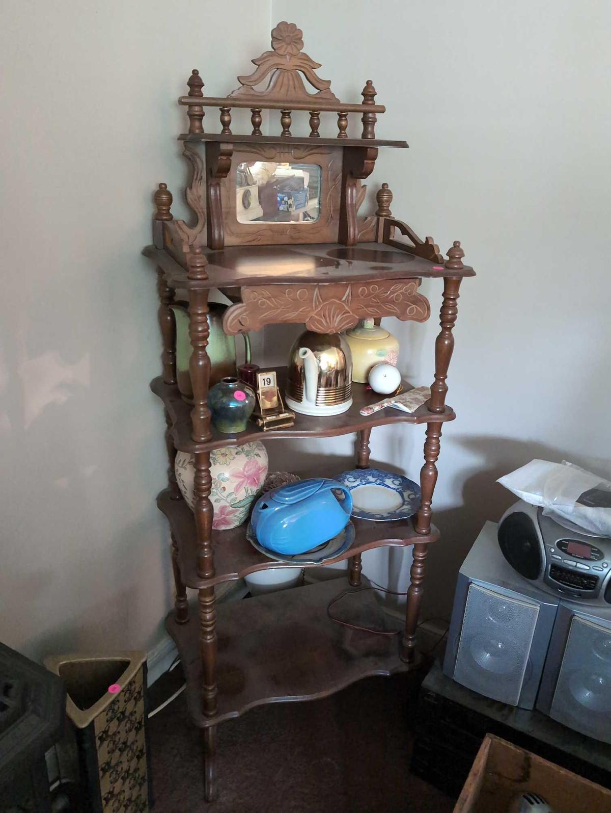 (LR) VINTAGE MIRRORED ETAGERE/WHATNOT SHELF WITH SINGLE FLORAL CARVED (DR)AWER, 4 SHELVES. IT