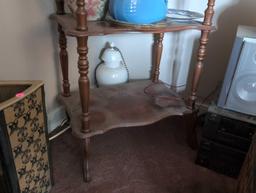 (LR) VINTAGE MIRRORED ETAGERE/WHATNOT SHELF WITH SINGLE FLORAL CARVED (DR)AWER, 4 SHELVES. IT