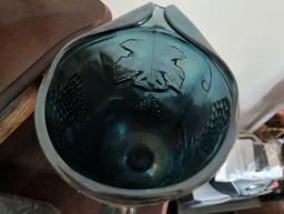 (LR) INDIANA IRIDESCENT BLUE CARNIVAL GLASS PITCHER. MEASURES 10-1/4"T.