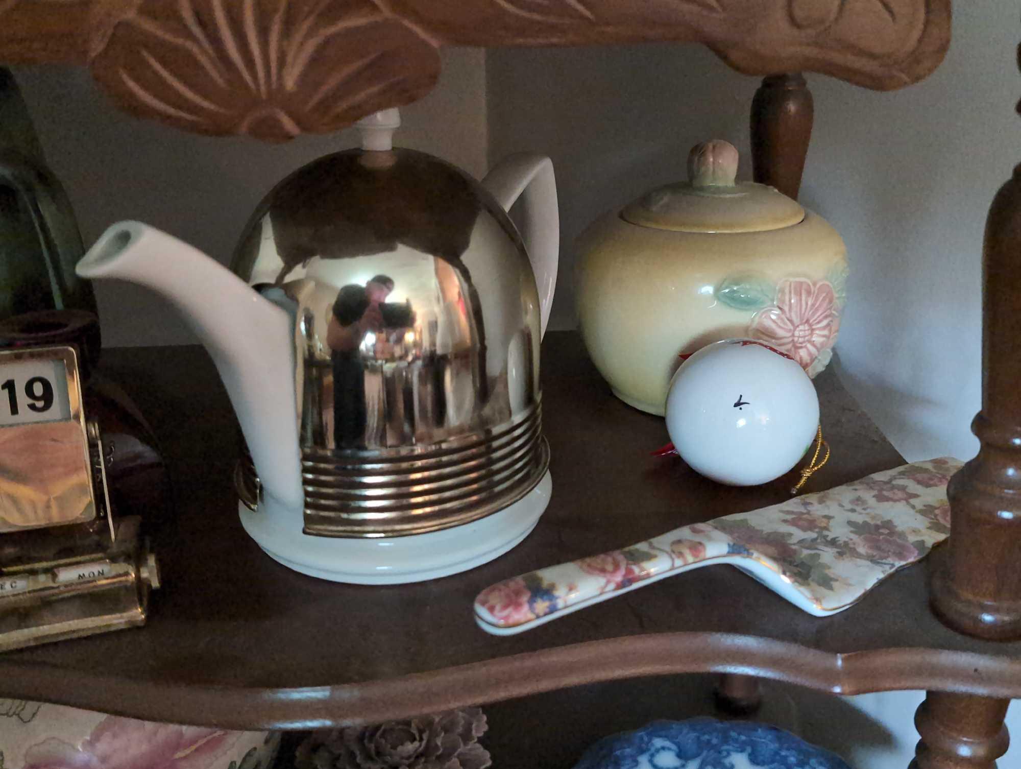 (LR) SHELF LOT OF MISC. CHINA TO INCLUDE UNMARKED HALL POTTERY BLUE TEA/COFFEE POT, BLUE & WHITE FLO