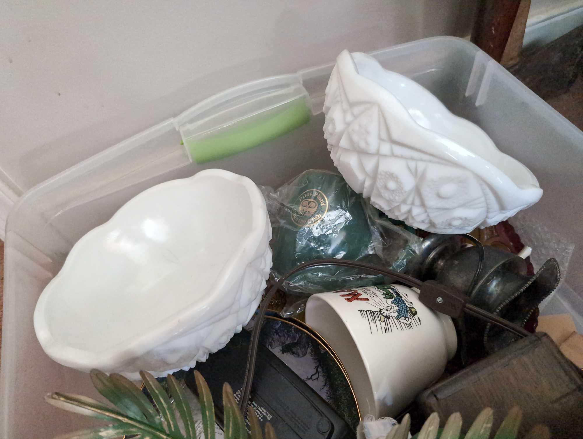 (LR) TUB LOT OF MISC. ITEMS TO INCLUDE (2) MILK GLASS BOWLS, A MILK GLASS CANDY DISH, RED GLASS