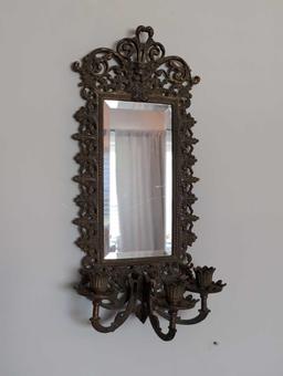 (LR) PAIR OF ORNATE RENAISSANCE REVIVAL CAST IRON BRADLEY AND HUBBARD WALL MIRRORS WITH CANDELABRAS.