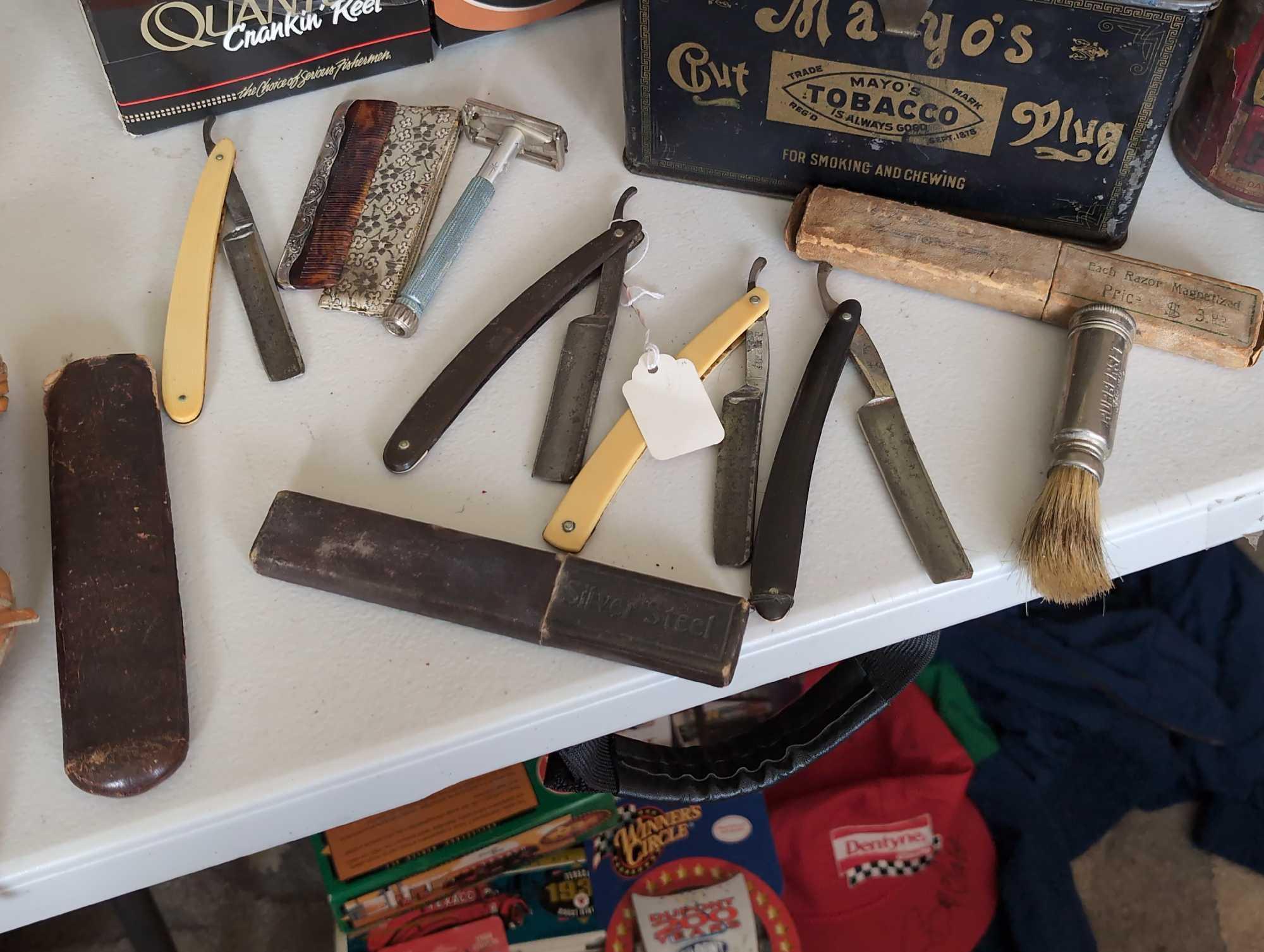 (LR) VINTAGE GROOMING EQUIPMENT TO INCLUDE A GEMCO STRAIGHT RAZOR, CLAUSS STRAIGHT RAZOR, ROBESON