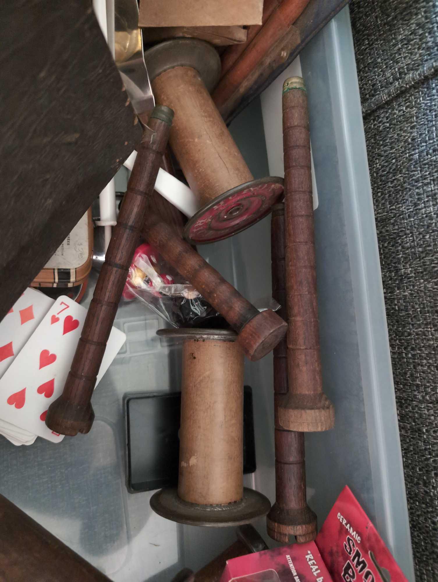 (LR) TUB LOT OF MISC. TO INCLUDE VINTAGE SPINDLES, WOOD CHISEL SETS, SMOKING BABY FIGURINE,