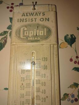 (KIT) VINTAGE METAL ADVERTISING THERMOMETER, CAPITAL BREAD. IN GOOD FADED CONDITION FOR THE ITEMS