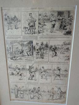 (FD)FRAMED AND MATTED COMIC STRIP FROM HARPER'S WEEKLY NOV 3 1883 MR BITES AND HIS HAMMERLESS GUN,