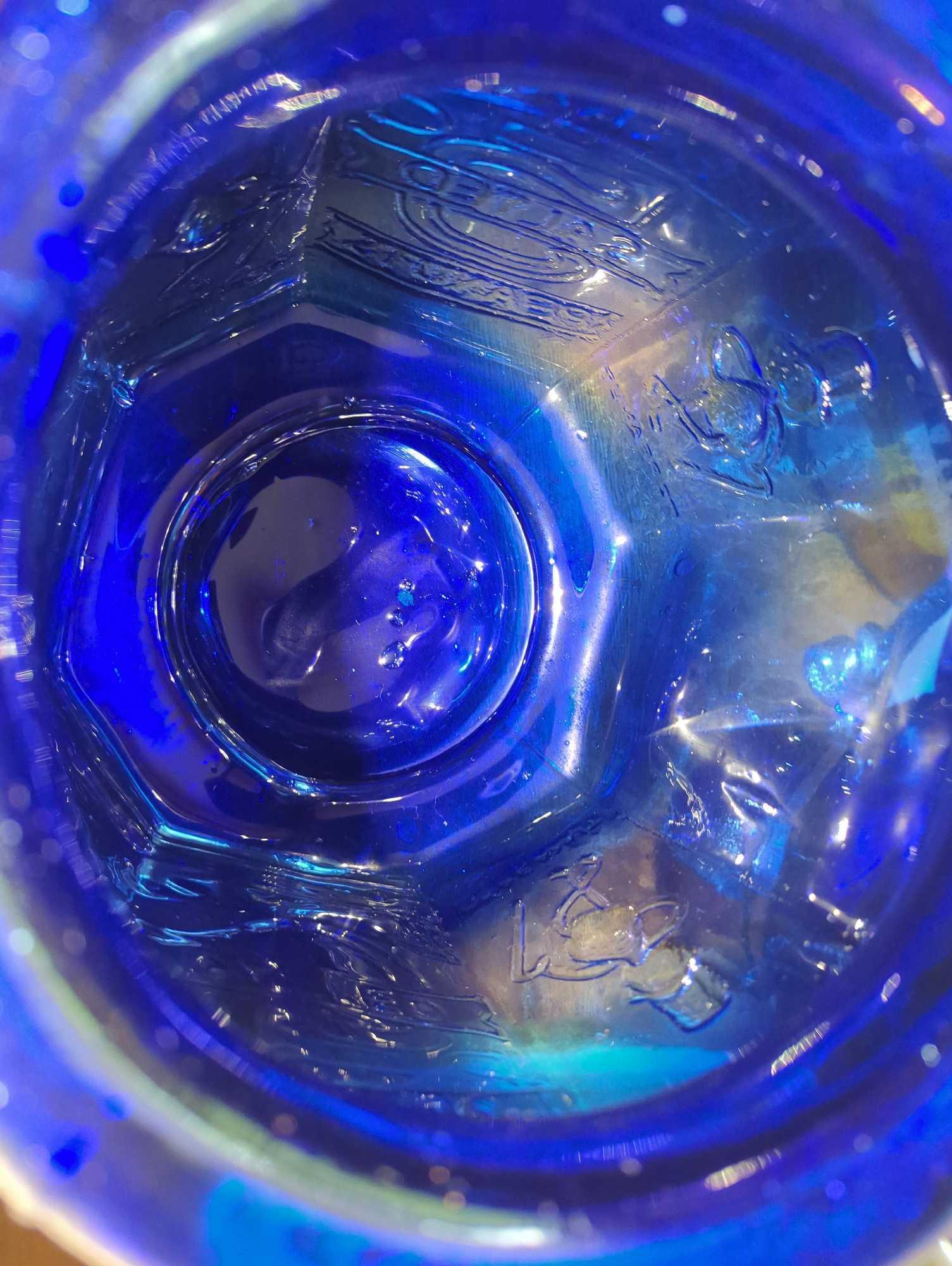 (DR) PLANTERS PENNANT "MR PEANUT" LARGE COBALT BLUE GLASS JAR WITH LID, APPROXIMATE DIMENSIONS - 13"