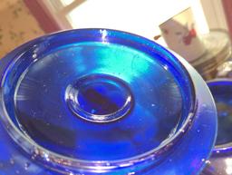 (DR) PLANTERS PENNANT "MR PEANUT" LARGE COBALT BLUE GLASS JAR WITH LID, APPROXIMATE DIMENSIONS - 13"