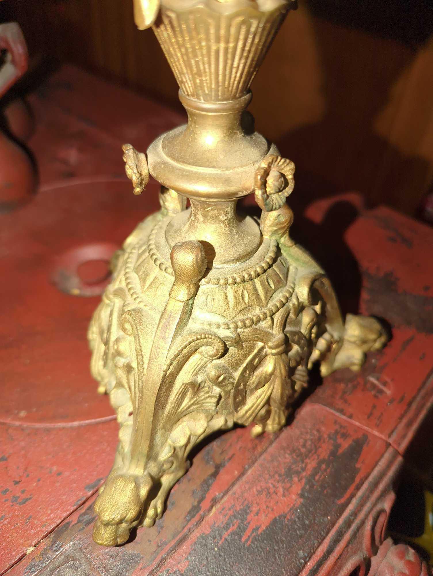 (KIT) PAIR OF ANTIQUE BRASS AND OPALINE FLOWER CANDLESTICK HOLDERS, IS MISSING SOME FLOWERS, MEASURE