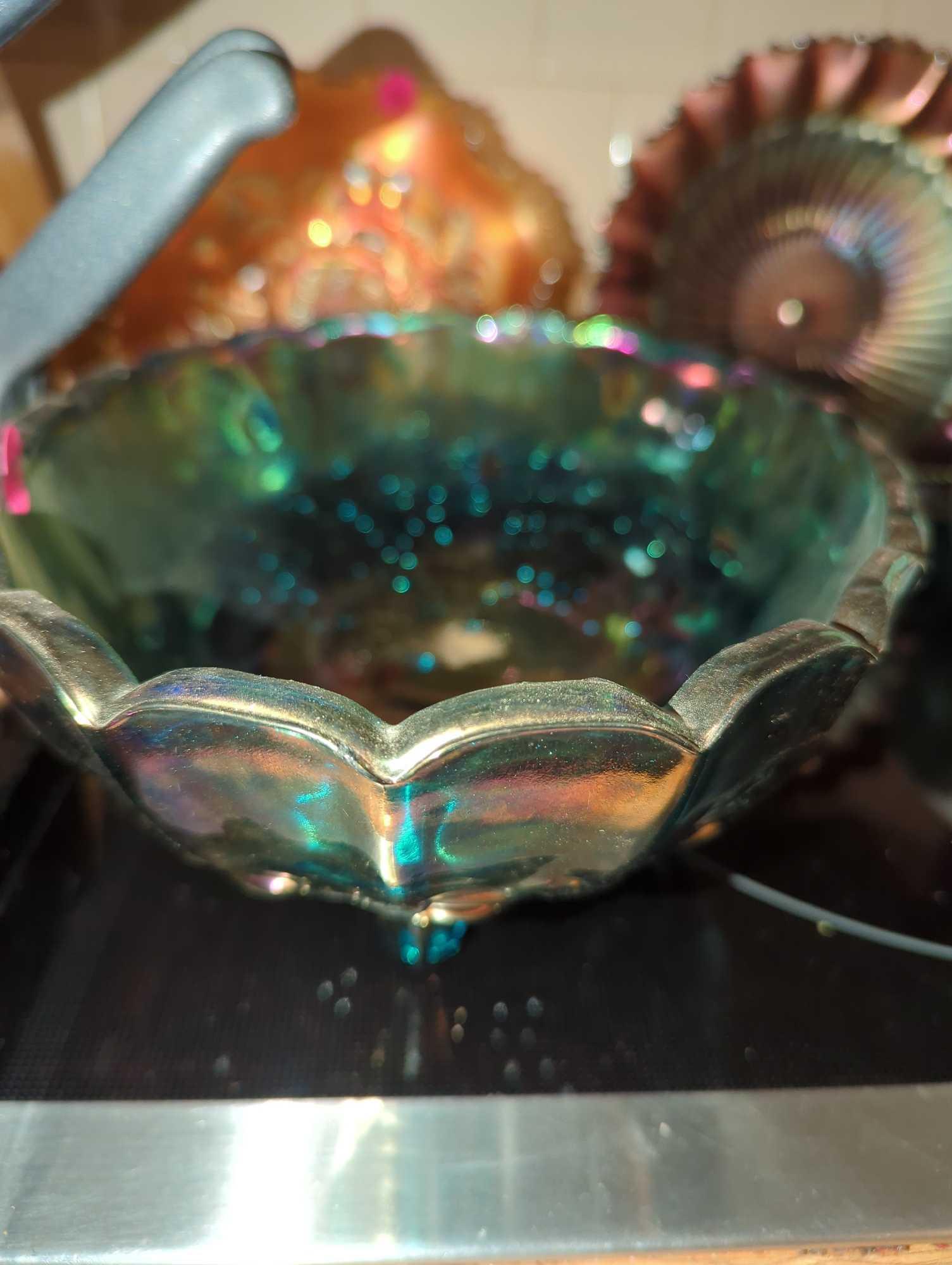 (KIT) IRIDESCENT BLUE CARNIVAL GLASS FRUIT BOWL, MEASURE APPROXIMATELY 12.5 IN X 4.5 IN X 8.5 IN,