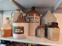 (BR2) SHELF LOT TO INCLUDE VARIOUS SIZED STONEWARE JUGS AND MISC. VINTAGE BEAMS/WILD TURKEY LIQUOR