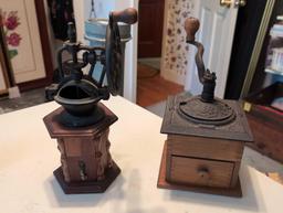 (BR2) LOT OF (2) VINTAGE HAND CRANK COFFEE GRINDERS. ONE IS A DOVETAILED BOX SHAPE WITH A CRANK ON