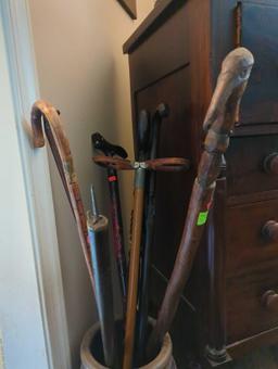 (LR) LOT OF 8 VINTAGE CANES, 1 CANE SWORD, WORLD'S FAIR 1939 CANE, VINTAGE CANE STOOL, BIRD CARVED