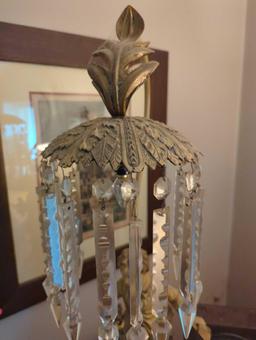 (LR)ANTIQUE EMILE BRUCHON BOY GILT BRONZED CRYSTAL FRENCH LOUIS XVI LAMP, 30 1/2"H