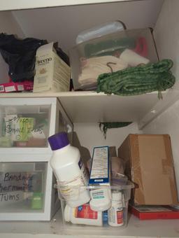 (HALL) CONTENTS OF CLOSET, LINENS, MEDICAL ITEMS. IRONING BOARD, ETC