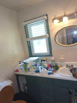 (BATHHALL) CONTENTS OF BATHROOM TO INCLUDE, PAPER TOWELS, TOILET PAPER, TOOTHPASTE, WALL HANGING