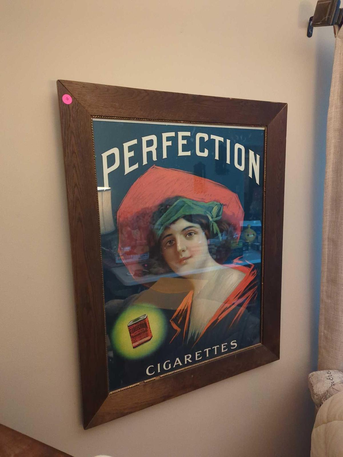 (LR) FRAMED ADVERTISEMENT FOR PERFECTION CIGARETTES, 24 1/2"L 34 1/4"W