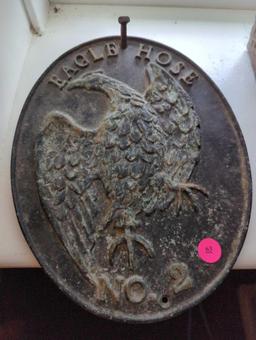 (LR) LOT OF 2 CAST METAL WALL DECORATIONS, EAGLE HOSE NO.2 WALL PLATE 11"X8 1/2", AND WALL PLATE