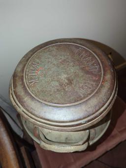 (LR) VINTAGE MILK CANISTER, CHAMPAIGN MARKED, ALL PAINT HAS NEARLY BEEN STRIPPED, 23"H 13"D