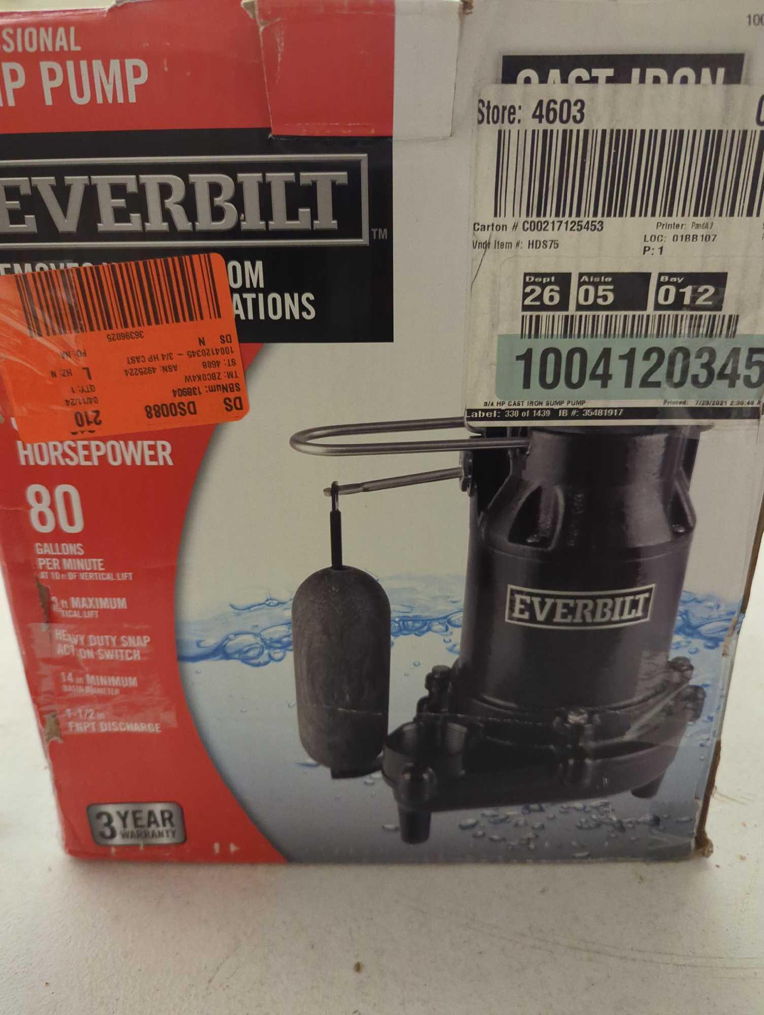 Everbilt 3/4 HP Pro Snap Action Sump Pump, Appears to be Heavily Used Has Rusting And Some Damage