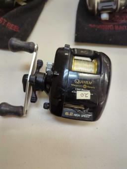 Clear tote and contents including various spinning reels. Comes as is shown in photos. Appears to be