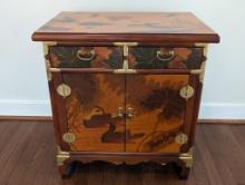ANTIQUE ORIENTAL CHINOISERIE LACQUERED ELM BUREAU CABINET. FEATURES TWO DRAWERS AT THE TOP AND TWO