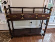 LATE 19TH CENTURY KOREAN BRASS ACCENTED THREE DRAWER SOFA/HALL TABLE.