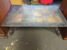 Slate Style Coffee Table With Metal Trim and Legs Bottom Cross Bar Needs to Repaired, Measure