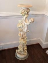 SILIK MINERVA CHERUB & FLORAL CARVED LAMP/PLANT STAND WITH ROUND MARBLE TOP.