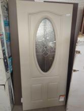 JELD-WEN 36 in. x 79 in. 3/4 Oval Brevard Decorative Glass Primed Steel Front Door in Desert Sand,