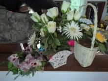 (DR) LOT OF 3 FLORAL ITEMS TO INCLUDE DECORATIVE WHITE BASKET WITH SPRING FLOWERS, WHITE PAINTED
