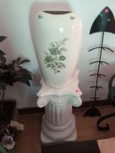 (LR) 2 PC. LOT TO INCLUDE A PLASTER COLUMN PLANT STAND & A CERAMIC FLORAL DETAILED VASE. THE COLUMN