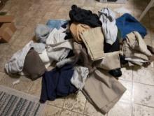(LR) LARGE BAG LOT OF MEN'S CLOTHING TO INCLUDE: LONG JOHNS, JEANS, BLUE OVERALLS, KHAKI WORK PANTS,