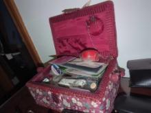 (BR1)BOX OF SEWING ITEMS, PUSH PINS, NEEDLES, PATCHES, TAPE MEASURE, ETC, COMES IN AN UPHOLSTERED